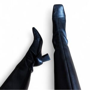 Vince Knee Leather Black Heeled Boots with Rectangle Toe